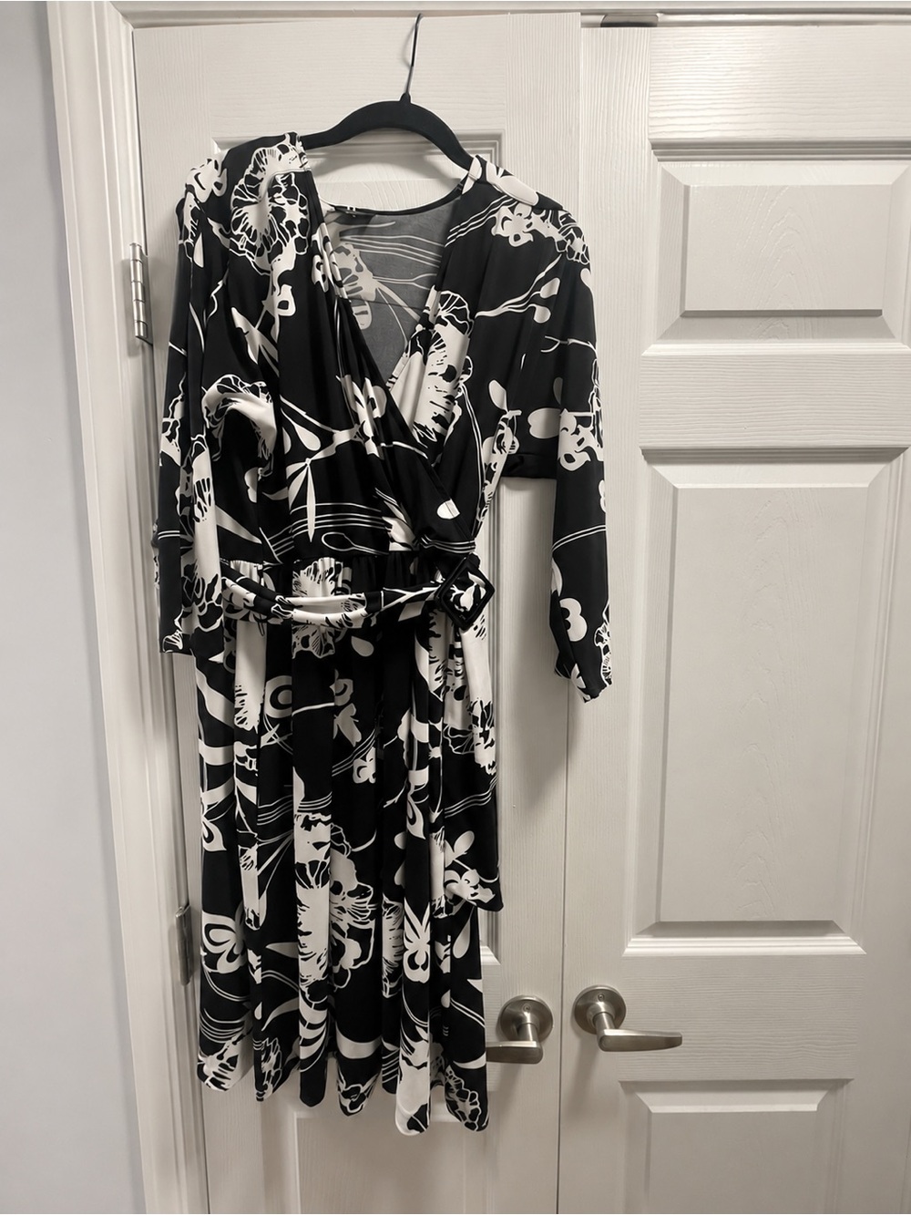 Talbots Black and White Floral Wrap Dress with Long Sleeves